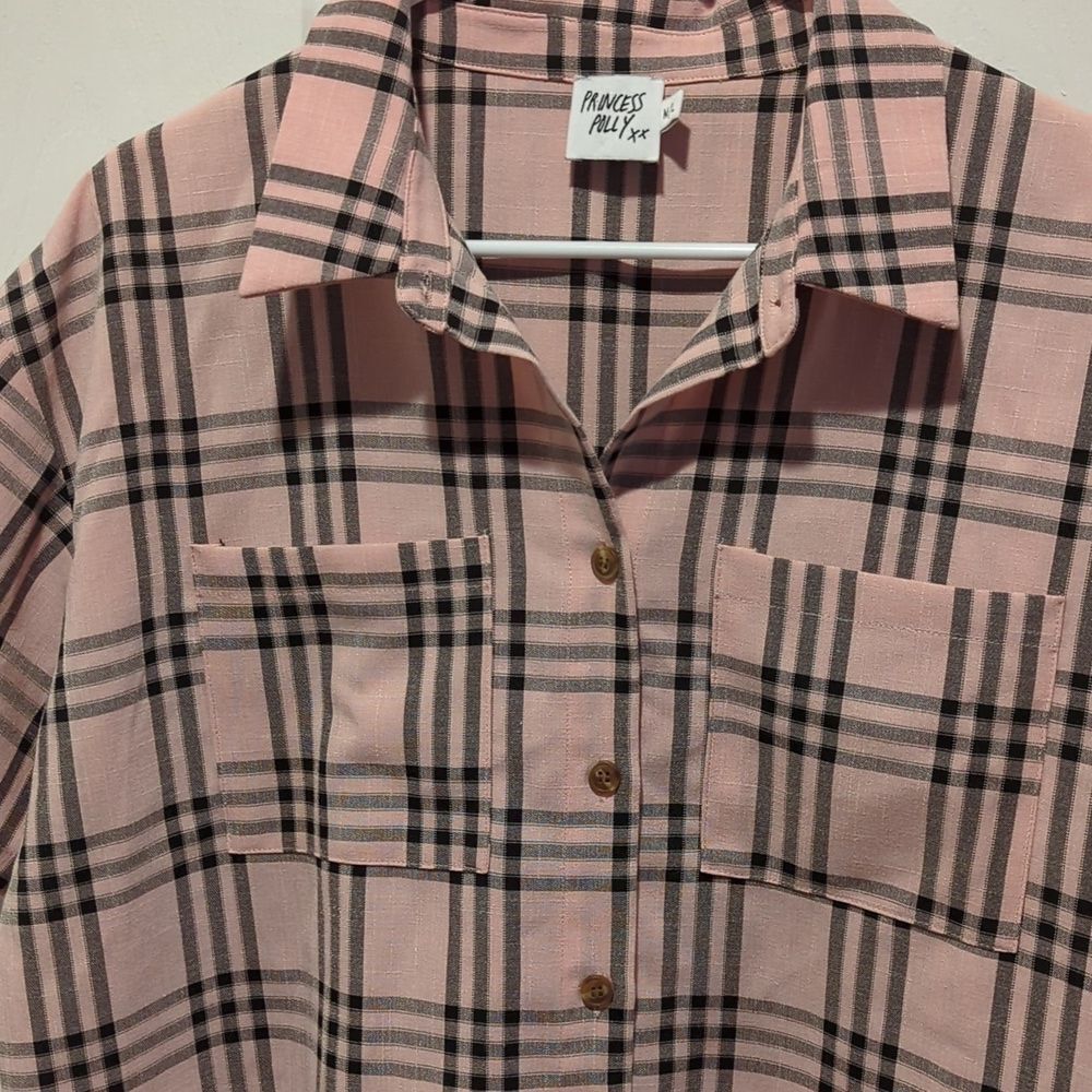 Y2K Grunge Pink Plaid Button-Up Shirt With Pockets Princess Polly M/L Streetwear - Picture 3 of 10